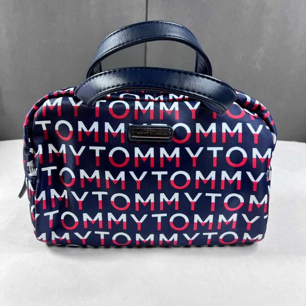 Tommy Hilfiger Cosmetic Bag Monogram Logo Navy Red Makeup Toiletry Mini Purse